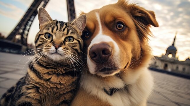 Cat and dog best friends taking a selfie shot