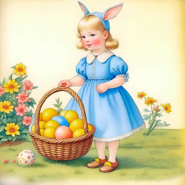 Cute cute little girl with a basket of Easter eggs. The design is in the style of an old Easter postcard.