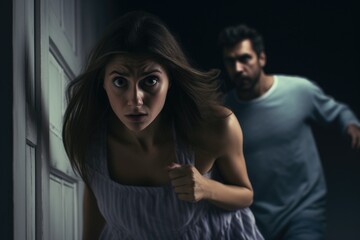 A man and a woman stand together in a dimly lit room, illuminated only by a flashlight, Scared young woman, adult girl escapes from dangerous man at night, AI Generated