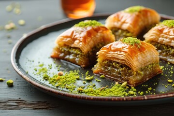 Baklava with pistachio nut on plate, layered pastry dessert made of filo pastry, and sweetened with syrup or honey