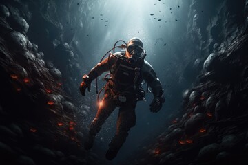 A man equipped in a diving suit explores the interior of a cave as part of scientific research, Scuba deep sea diver swimming in a deep ocean cavern, AI Generated - obrazy, fototapety, plakaty