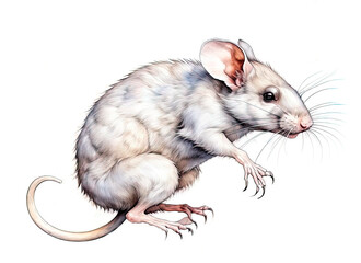 A jumping mouse on a white background is isolated. The cartoon character is perfect as a print for a nursery or pet store.