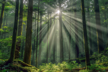 Fototapeta na wymiar Natural scene of sunlight shining through a beautiful forest.