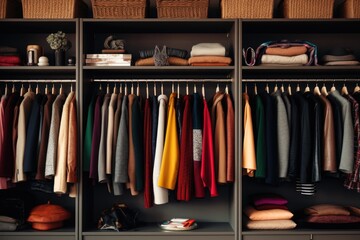 Explore a closet filled with an abundance of clothes and baskets, providing an efficient and convenient storage solution, Shelves full of women's clothes at home, AI Generated