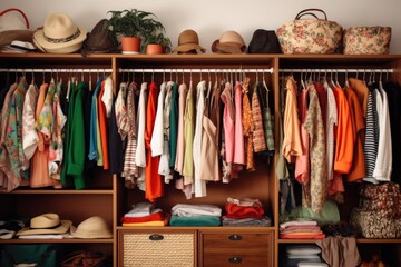 A cluttered closet filled with a wide variety of clothes and hats to create fashionable outfits, Shelves full of women's clothes at home, AI Generated