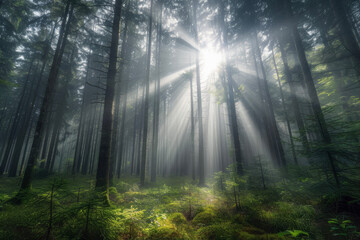 Fototapeta na wymiar Natural scene of sunlight shining through a beautiful forest.