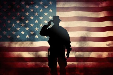 A powerful image of a soldier saluting in front of an American flag, honoring their service and dedication, Silhouette of a man saluting against the backdrop of the American flag, AI Generated
