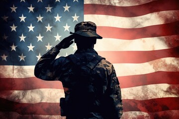A soldier stands at attention and salutes in front of a large American flag, Silhouette of a man saluting against the backdrop of the American flag, AI Generated