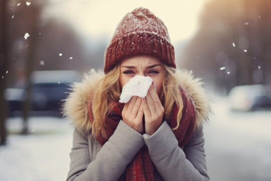 A woman standing outdoors in the snow, blowing her nose, Sick woman blowing her nose on a cold winter day, AI Generated