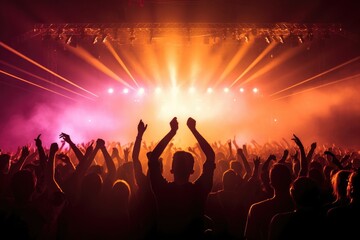 Energetic Concert Crowd With Hands Raised in the Air, Enjoying the Music and the Moment, Silhouetted concert crowd rejoices under vibrant stage lights at music festival, AI Generated