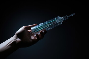 A hand firmly grasps a glass tube containing a mysterious liquid, part of an ongoing chemical experiment, Single use syringe, Plastic insulin syringe, Needle for addict, AI Generated
