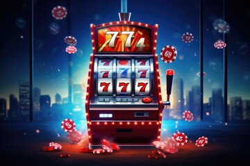 A slot machine with an array of red dice spinning, offering the chance to win exciting prizes and massive jackpots, Slot machine wins the jackpot 777 in casino, AI Generated