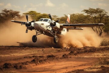 Fototapeta na wymiar A small plane glides effortlessly over a barren dirt field, showcasing the beauty of flying amidst natures simplicity, Small prop plane landing on a dirt landing strip in Africa, AI Generated