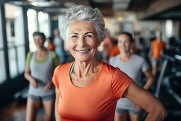 Fototapeta na wymiar A lively group of women jogging on treadmills at a gym, engaging in a healthy fitness activity, Smiling happy healthy fit slim senior woman with grey hair practising indoors sport, AI Generated