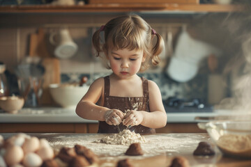 A young girl with a beaming smile is making chocolate cookies, her hands dusted with flour, in a warm, homey kitchen atmosphere.