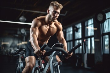 Fototapeta na wymiar A man engages in an intense workout session on a stationary bike at the local gymnasium, Sports to the max, Young muscular athlete during training on an exercise bike, AI Generated