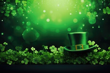 Green Hat and Clovers on Green Background for St Patricks Day Celebration, St, Patrick's Day background featuring a leprechaun hat and clover, AI Generated