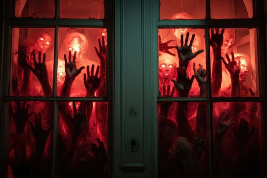 A chilling photo of a group of zombies extending their arms out of a window in an eerie, abandoned building, Spooky many zombie hands outside the window, red glowing light, AI Generated