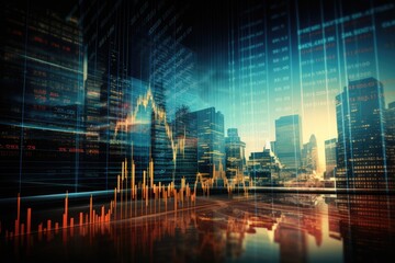 A stunning view of a cityscape featuring tall skyscrapers and buildings as the backdrop, stock market graph, wall street and financial background, AI Generated