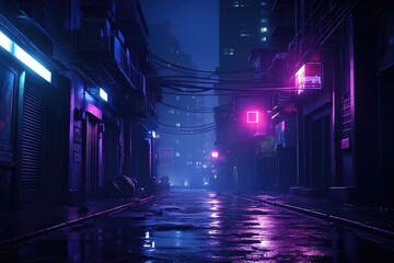 Night View of City Street With Red Traffic Light, Street in cyberpunk dystopian city at night, dark alley in neon lights, AI Generated