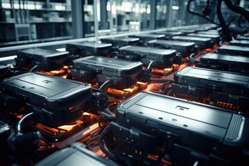 Fototapeta premium A bustling factory floor operating at full capacity, with a wide variety of machines in action, Stunning image of electric vehicle battery packs assembly line, AI Generated