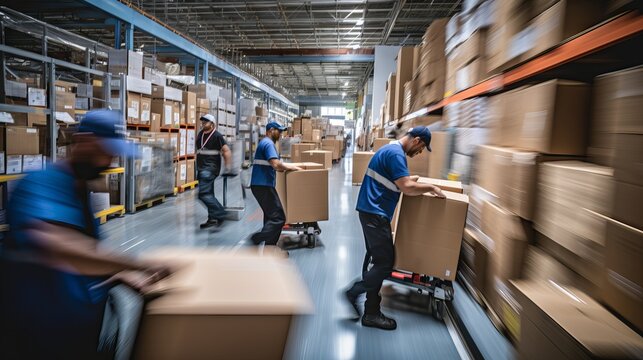Warehouse workers in motion, handling cargo boxes with speed and skill