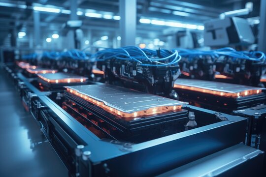 A photograph of a vast room filled with a significant number of servers, used for storing and processing data, Stunning image of electric vehicle battery packs assembly line, AI Generated