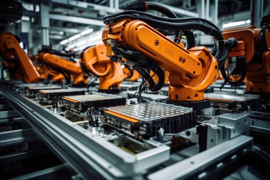 Robots are diligently working on a conveyor belt, streamlining production in a factory, Stunning image of electric vehicle battery packs assembly line, AI Generated