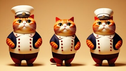 Obraz premium Three cute, fat sailor cat, dynamic, anthropomorphic, isolated on a yellow background, expressive style. For design, print, postcard, greeting card.