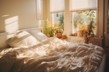 Fototapeta premium A simple photograph of a bed with a white comforter in a tranquil and inviting bedroom, Sunlight on bed in simple bright bedroom, AI Generated