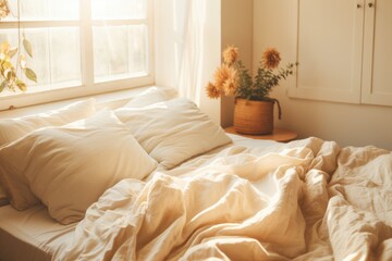A cozy bed adorned with pristine white sheets and plump pillows, set in a room filled with ample natural light, Sunlight on bed in simple bright bedroom, AI Generated