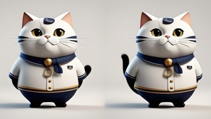 Obraz premium two cats in a row. Cute, fat sailor cat, dynamic, anthropomorphic, isolated on a white background, expressive style. For design, print, postcard, greeting card.