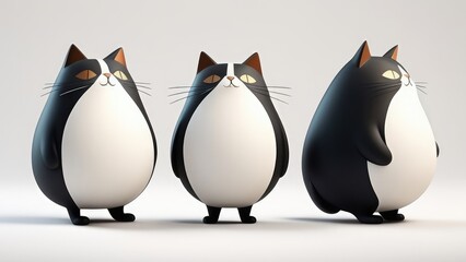 3d penguin with glasses. Three cute, fat, birthday cats, anthropomorphic, dynamic, full body, isolated on a white background