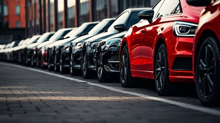 Red and black car among new vehicles on display at a dealership