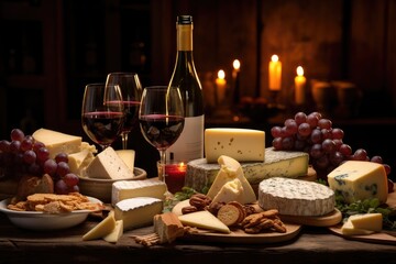 A table filled with a variety of cheeses and bottles of wine, perfect for a wine and cheese tasting session, Table of different Cheeses and wines, AI Generated