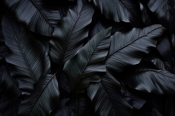 A captivating photo showcasing a multitude of lush, dark green leaves against a dramatic black background, Textures of abstract black leaves for tropical leaf background, AI Generated