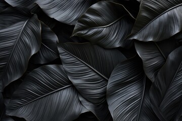 A highly detailed close-up of a bunch of black leaves, showcasing their unique texture and intricate patterns, Textures of abstract black leaves for tropical leaf background, AI Generated