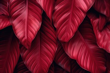 A striking close up of a red plant with large, vibrant leaves, Textures of abstract red leaves for tropical leaf background, Flat lay, AI Generated