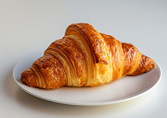 croissant on plate isolated pn white background, Golden Flaky Croissant on a Ceramic Plate