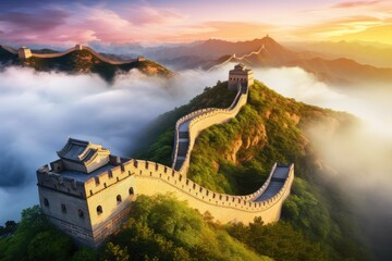 Aerial View of the Great Wall of China, An Iconic Sight of Ancient Chinas Defense Structures, The Great Wall of China in the mist, lying long, surrealist view from drone photography, AI Generated - obrazy, fototapety, plakaty