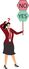 A businessewoman is holding a Yes sign and a No sign,