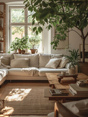 minimal living room interior with a cozy sofa. soft light wooden furniture