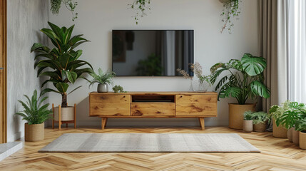 Fototapeta na wymiar White color wall Background, minimal living room interior decor with TV cabinet.