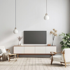 White color wall Background, minimal living room interior decor with TV cabinet.