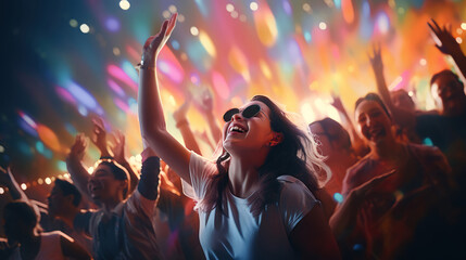Happy people in a crowd dancing to techno music - obrazy, fototapety, plakaty