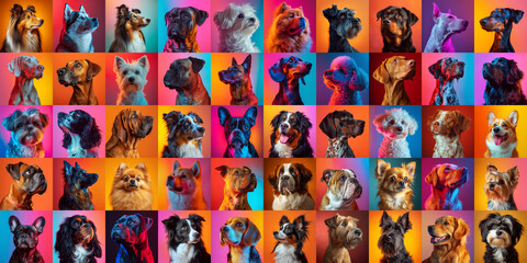 Studio portraits of beautiful dogs before neon backgrounds