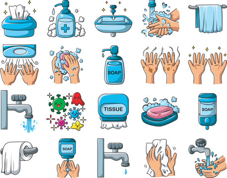 Hand wash icons for education include water, sink, hand, etc.