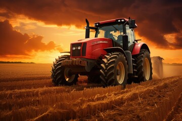 Obraz premium A red tractor is seen driving through a field in the countryside, performing agricultural work on a sunny day, Tractor on the barley field by sunset, AI Generated