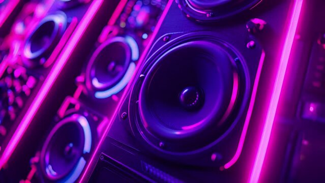 Closeup of a pair of sleek black speakers their neon lights flickering and pulsating in perfect synchronization with the beat of the music.
