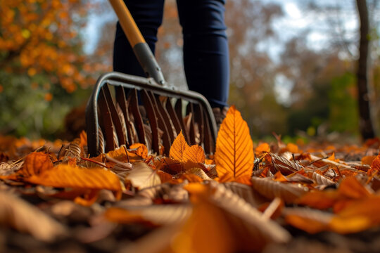 Close up foot of young woman raking leaves in autumn.